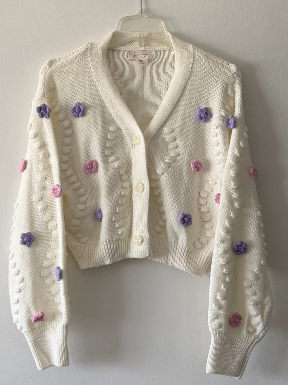 Jessica Simpson Floral Crochet Bobble Knit Cropped Cardigan Sweater Cream Large